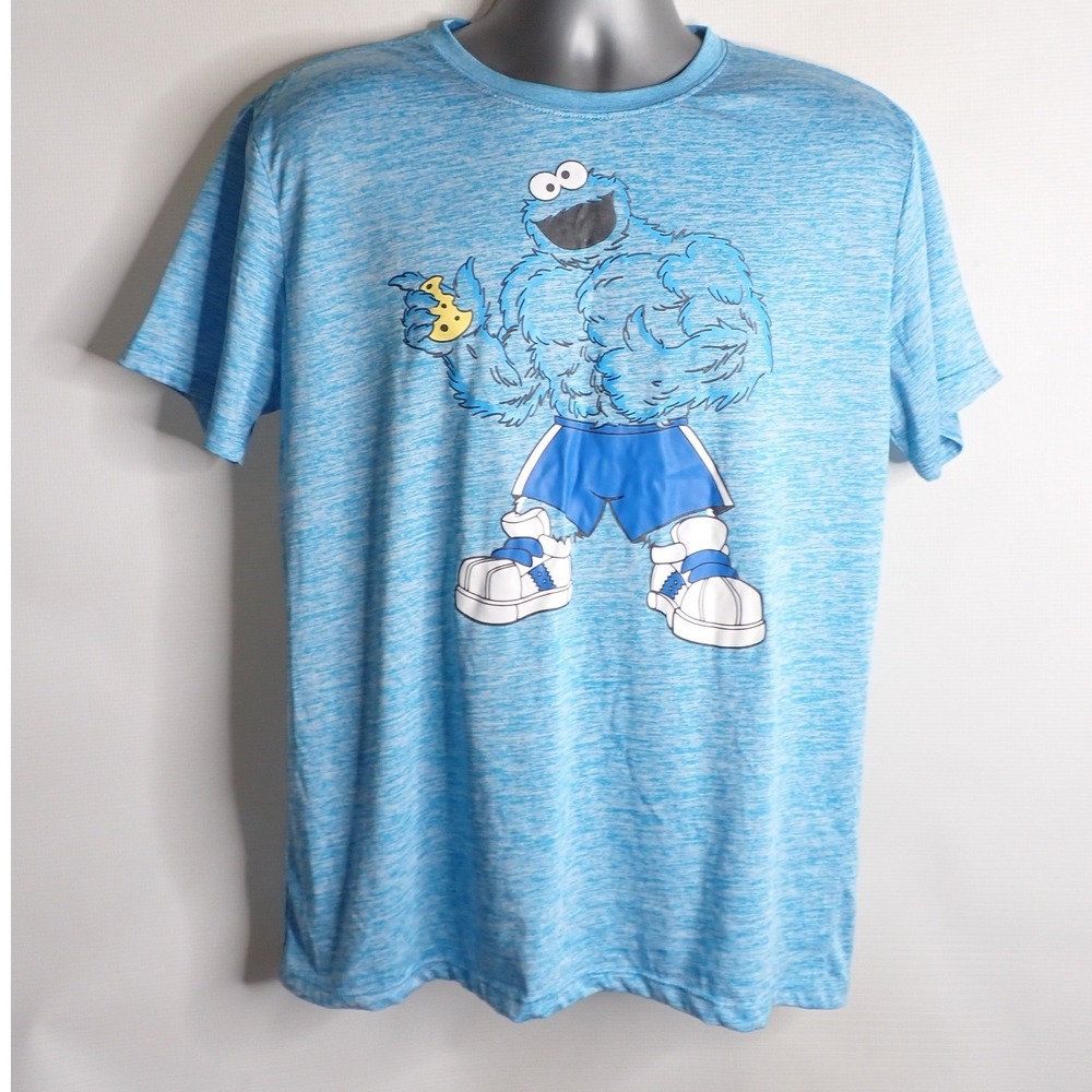 COOKIE MONSTER Muscled Up Pose Blue Shirt Men's L Muppet SESAME STREET
